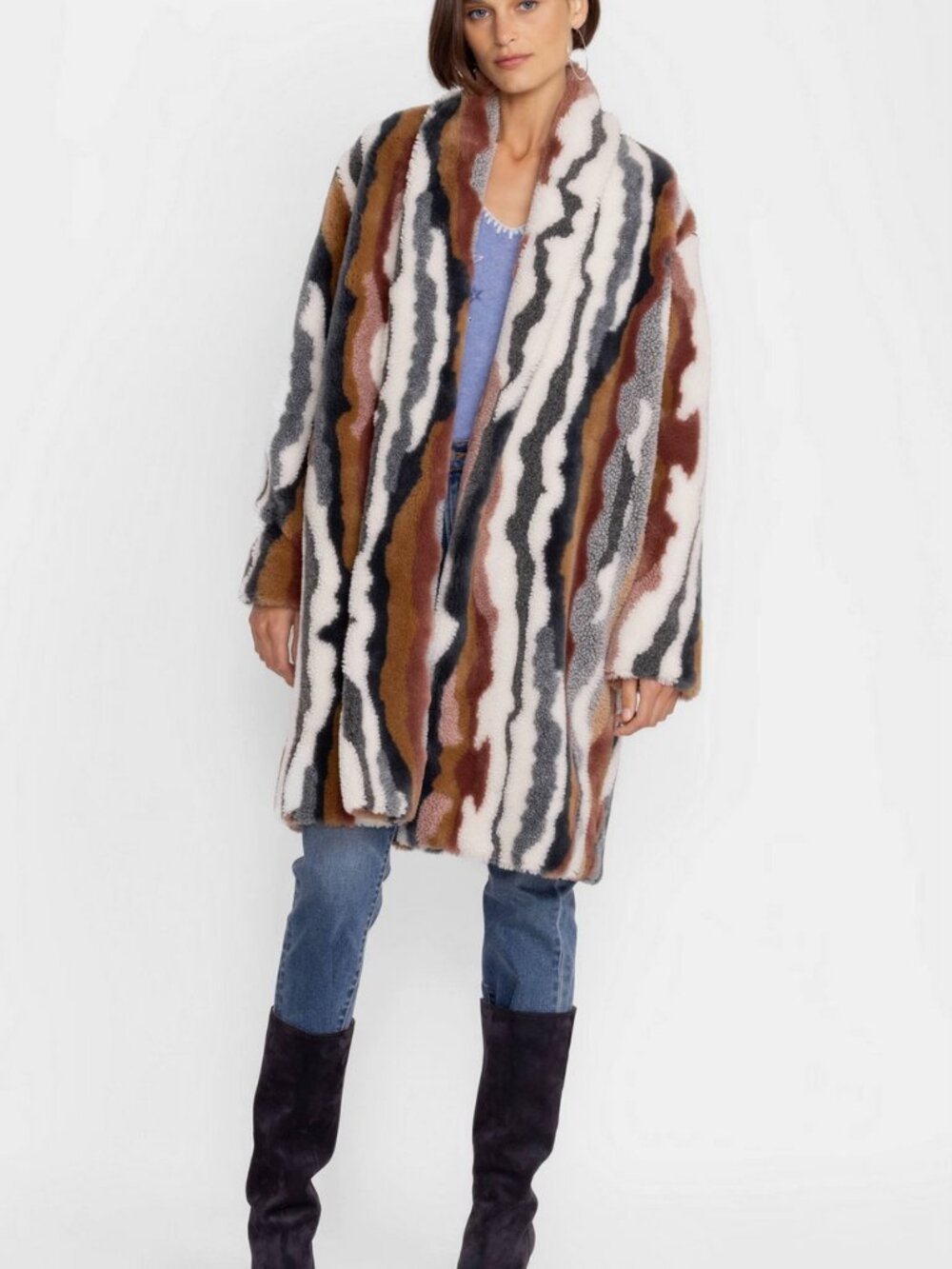 NEW Johnny Was Ziggy Faux Fur Open Front Coat Boho Chic Multi Stripe L R48023 - Picture 2 of 14